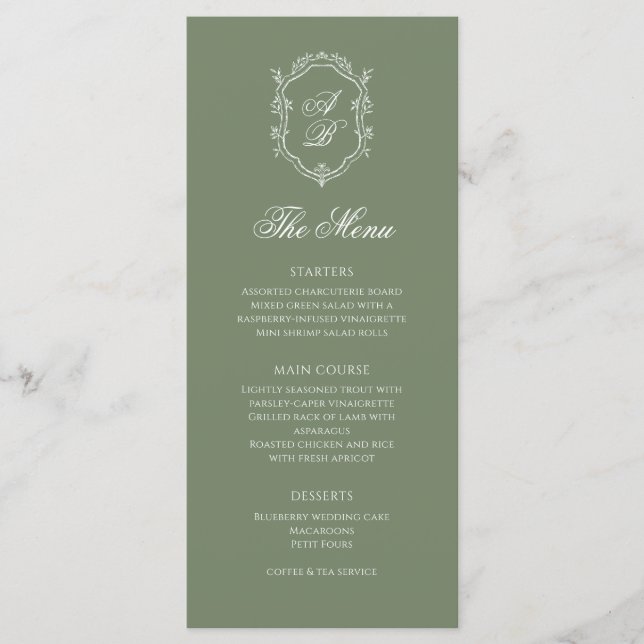 Sage Green Botanical Monogram Crest Wedding Menu (Front)