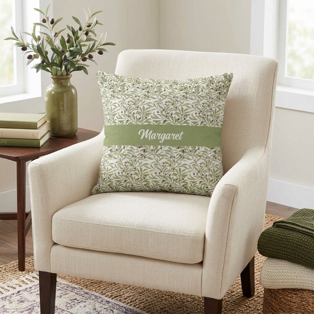Sage Green Botanical Olive Branch Pattern Cushion (Sage Green MONOGRAM Botanical Olive Branch Pattern Throw Pillow)