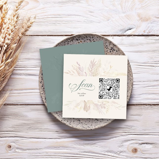 Sage Green Botanical Online RSVP QR Code Enclosure Card (Sage Green Elegant square online RSVP card with QR code - Foliage Duet wedding collection)