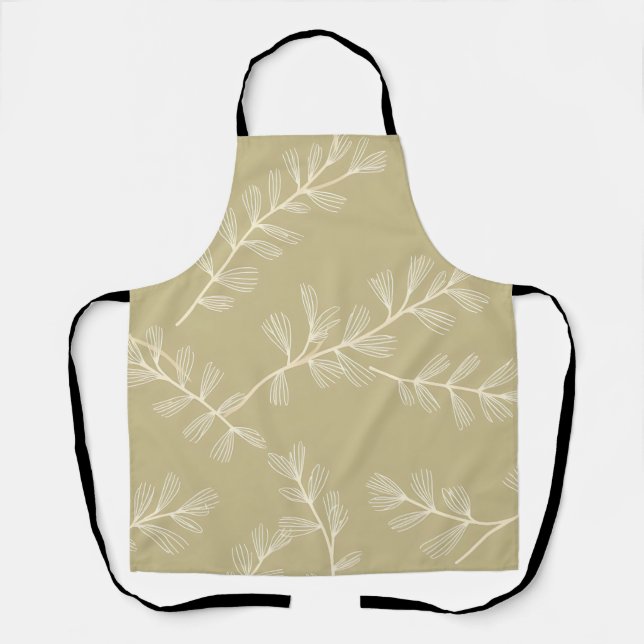 Sage Green Botanical Pattern Cream Hand Drawn Leaf Apron (Front)