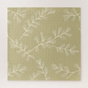 Sage Green Botanical Pattern Cream Hand Drawn Leaf Jigsaw Puzzle