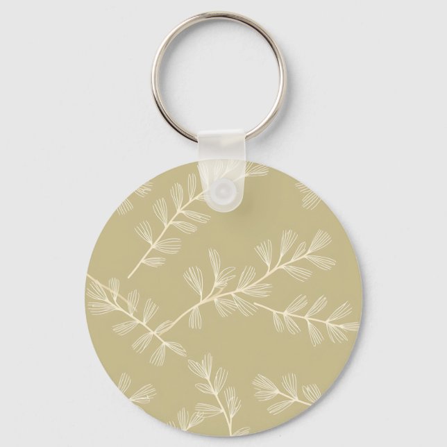 Sage Green Botanical Pattern Cream Hand Drawn Leaf Key Ring (Front)
