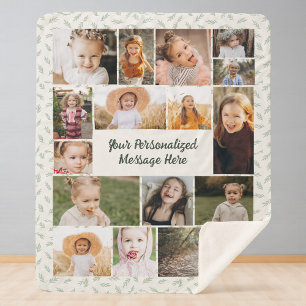 Sage Green Botanical Personalized 16 Photo Collage Sherpa Blanket