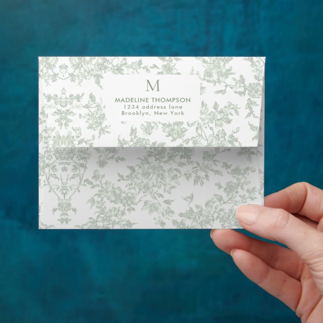 Sage Green Botanical Toile Monogram Address Envelope (Hand)