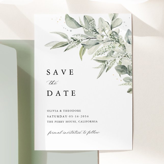 Sage Green Botanical Watercolor Elegant Wedding Save The Date (Sage green botanical wedding save the date card, watercolor leaves, minimalist elegant stationery)