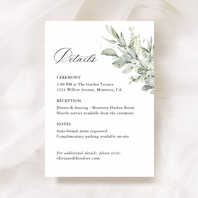 Sage Green Botanical Wedding Details, Ceremony Enclosure Card (Sage green botanical wedding details card, ceremony enclosure stationery with watercolor greenery)