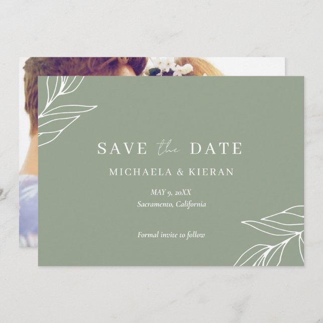 Sage Green Botanical Wedding Photo Save The Date (Front/Back)