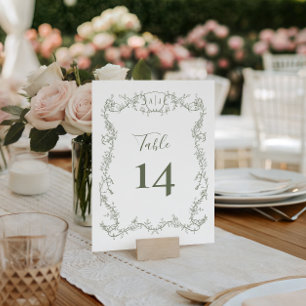 Sage Green Botanical Wedding Rambling Rose Vine Table Number