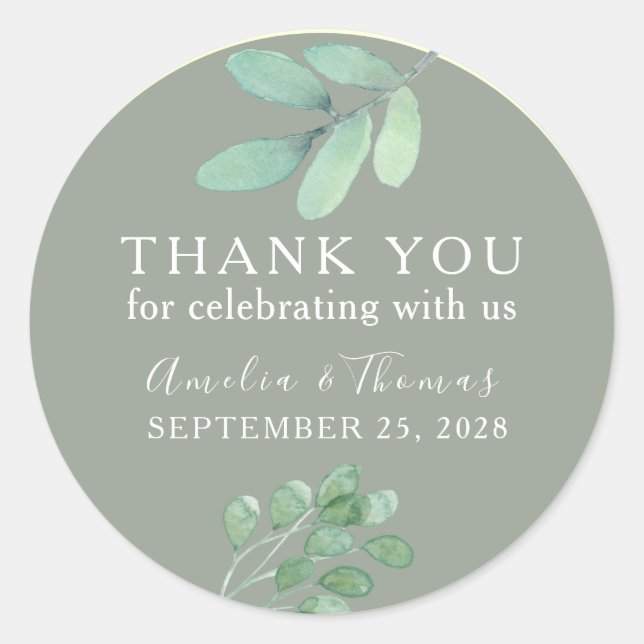 Sage Green Botanical Wedding Thank You Sticker (Front)