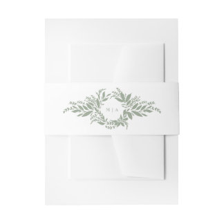 sage green botanical wreath monogram wedding invitation belly band