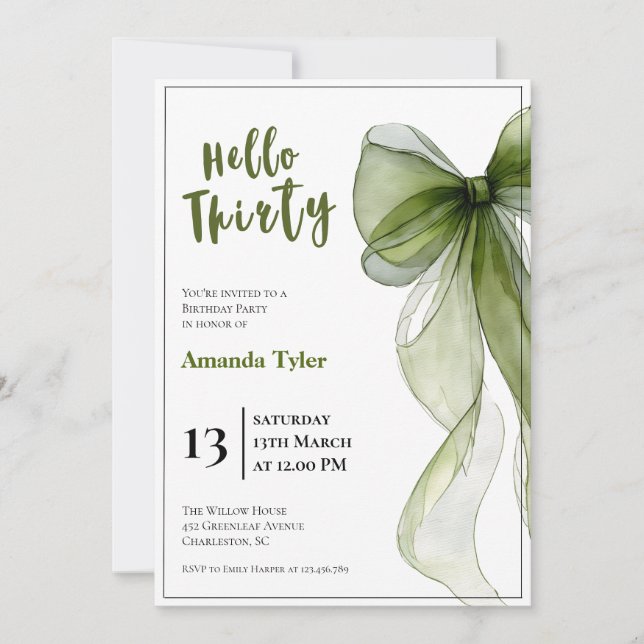 Sage Green Bow 30th Birthday Invitation (Front)