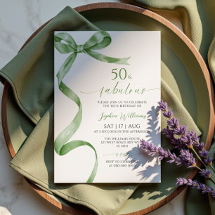 Sage Green Bow 50 & Fabulous Birthday Invitation