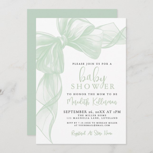 Sage Green Bow Baby Shower Invitation (Front/Back)