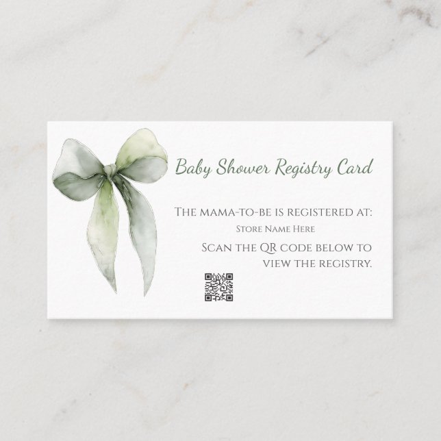 Sage Green Bow Baby Shower Registry Card (Front)