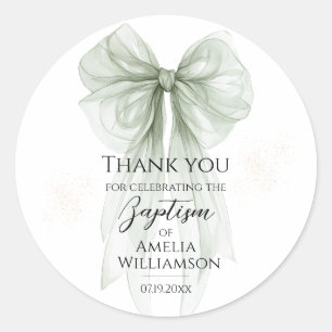Sage Green Bow Baptism Classic Round Sticker