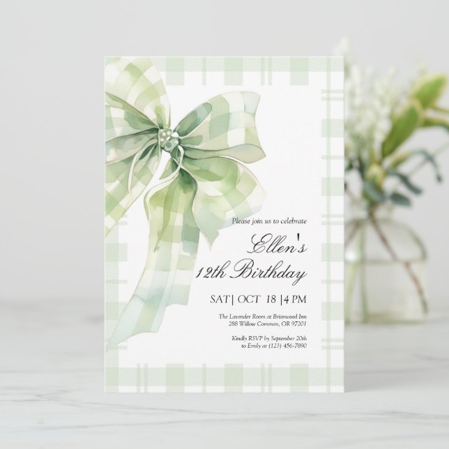Sage Green Bow Birthday Invitation (Standing Front)