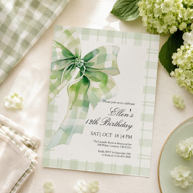 Sage Green Bow Birthday Invitation (Creator Uploaded)