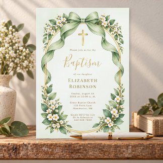 Sage Green Bow Botanical Baptism   Invitation