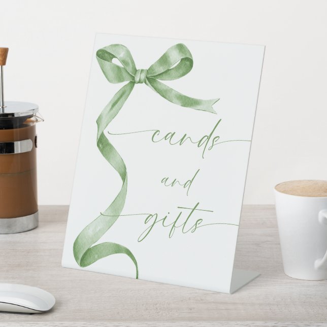 Sage Green Bow Cards and Gifts Pedestal Sign (In SItu)