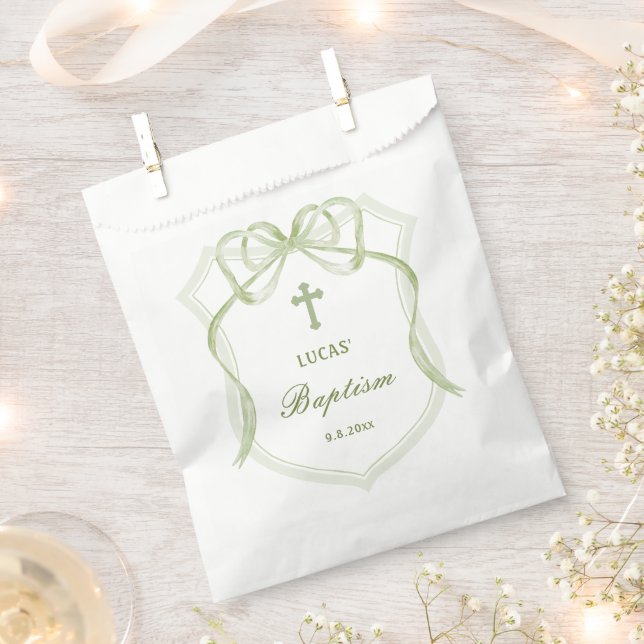 Sage Green Bow Crest Baptism Favour Bag (Clipped)