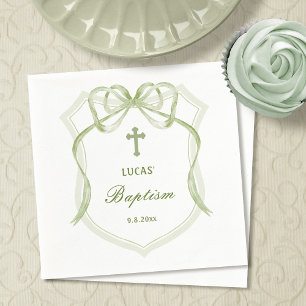 Sage Green Bow Crest Baptism Napkin