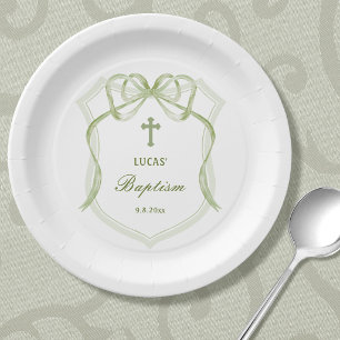 Sage Green Bow Crest Baptism Paper Plate