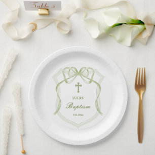 Sage Green Bow Crest Baptism Paper Plate