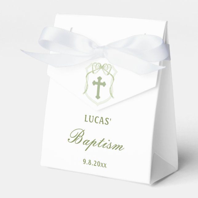 Sage Green Bow Crest Baptism Tent Favour Box (Front Side)