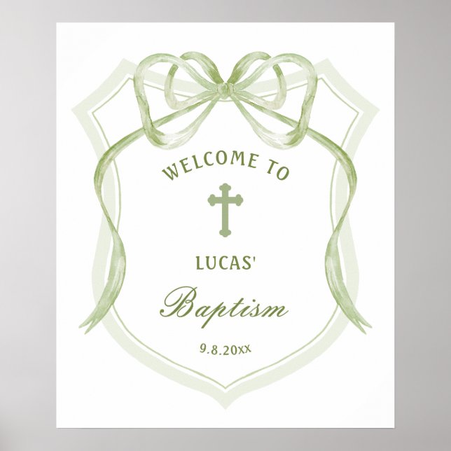 Sage Green Bow Crest Baptism Welcome Poster (Front)