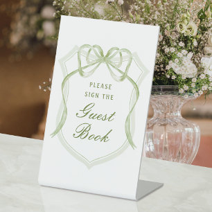 Sage Green Bow Crest Guest Book Pedestal Sign