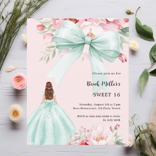 Sage green bow dress pink Sweet 16 invitation