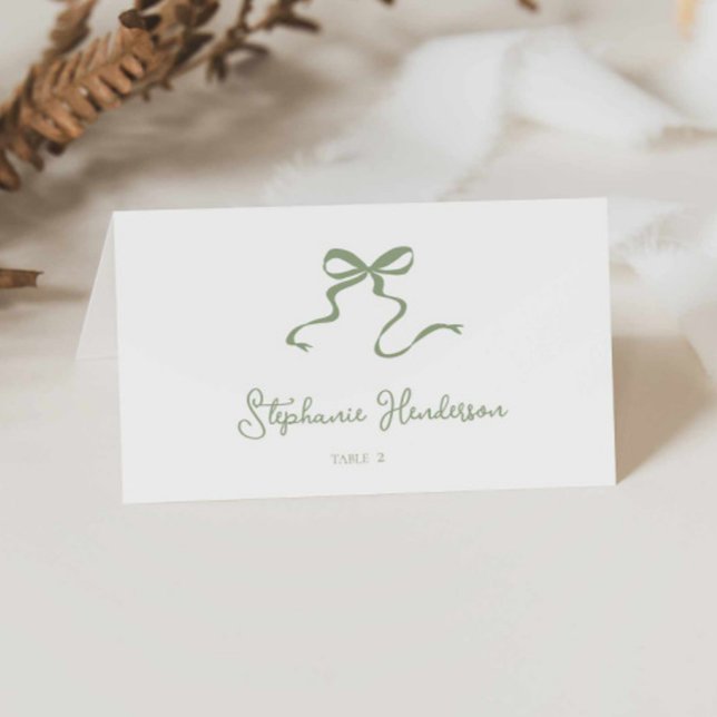 Sage Green Bow Folded Place Card (sage green bow wedding tent place card/ unique bow illustration folded seating card escort card)