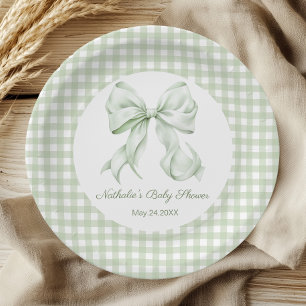 Sage Green Bow Gingham Baby Shower Paper Plate