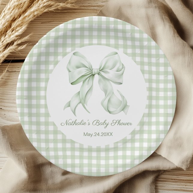 Sage Green Bow Gingham Baby Shower Paper Plate (Creator Uploaded)