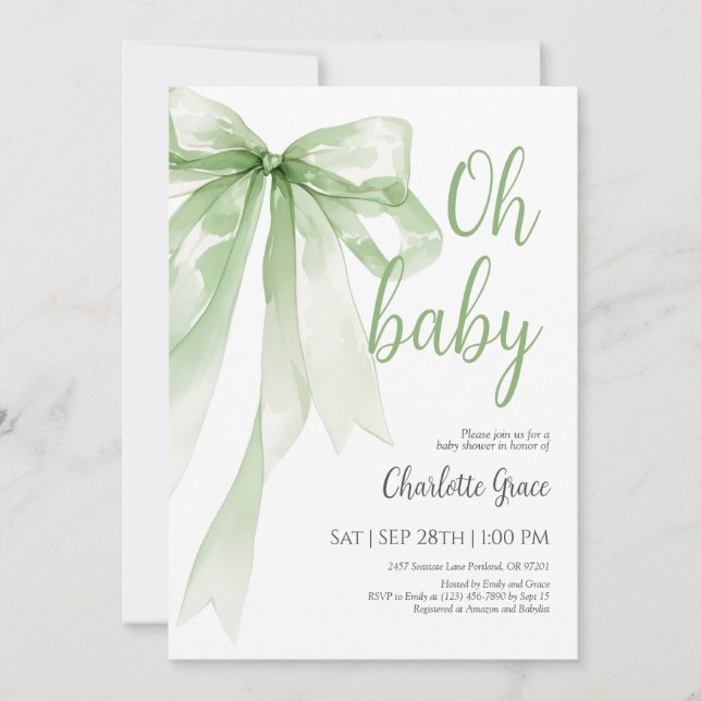 Sage Green Bow Oh Baby Shower Invitation (Front)