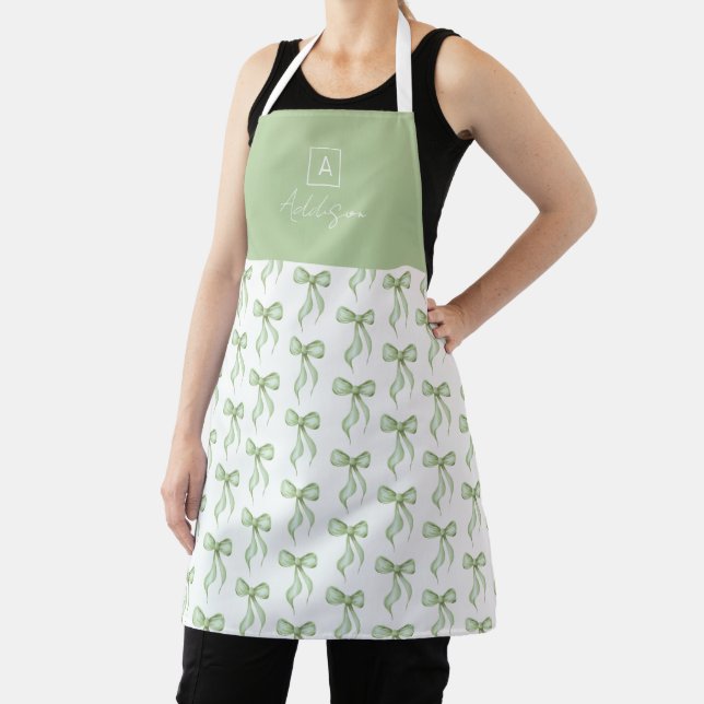 Sage Green Bow Pattern Monogram Personalised Apron (Insitu)