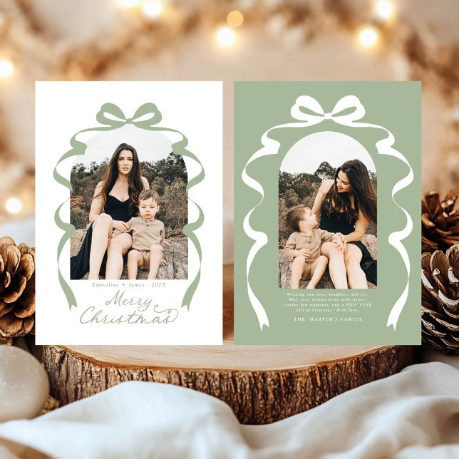 Sage Green Bow Photo Merry Christmas Arch Holiday Card (Creator Uploaded)