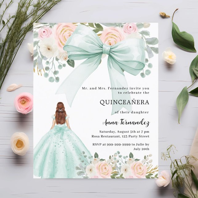 Sage green bow pink dress Quinceanera invitation (Creator Uploaded)