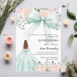 Sage green bow pink florals dress Quinceanera Invitation