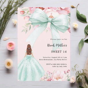 Sage green bow pink florals dress Sweet 16 Invitation