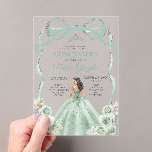 Sage Green Bow Princess Silver Crown Quinceañera Acrylic Invitations (Insitu (Handheld))