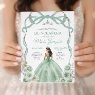 Sage Green Bow Princess Silver Crown Quinceañera Invitation
