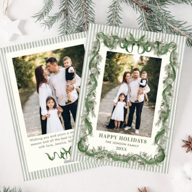 Sage Green Bow Ribbon Stripped Christmas 2 Photo Holiday Card (Creator Uploaded)