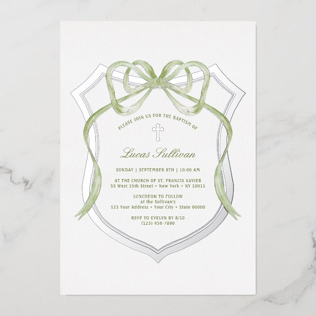 Sage Green Bow Silver Crest Baptism (Front)