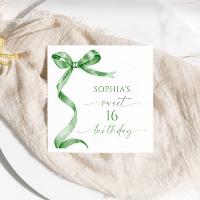 Sage Green Bow Sweet 16 Birthday Party Napkin (Creator Uploaded)