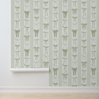 Sage Green Bows and Lace in Vertical Stripes Wallpaper