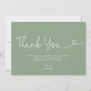 Sage green Boy Baby Shower Script Heart  Thank You Card