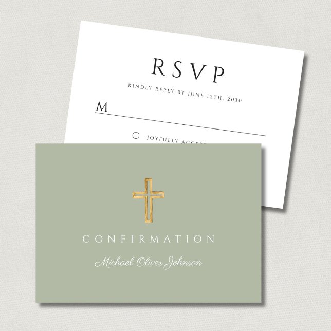 Sage Green Boy Religious Cross Confirmation RSVP Card (Sage Green Boy Religious Cross Confirmation RSVP Card)