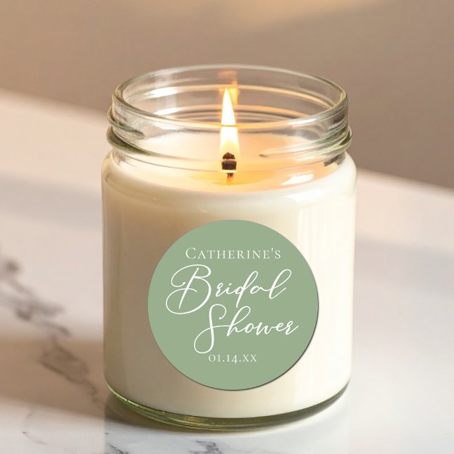 Sage Green Bridal Shower Personalised White Script Classic Round Sticker (Creator Uploaded)