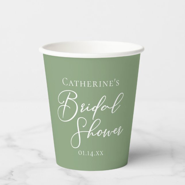 Sage Green Bridal Shower Personalised White Script Paper Cups (Front)